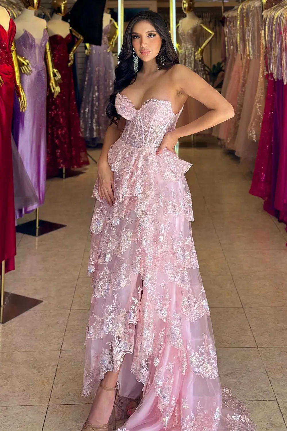 Cute A Line Light Blue Ruffle Tiered Tulle Prom Dress with Appliques