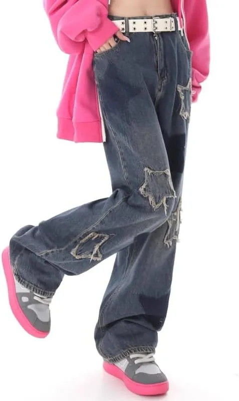 Cute Jeans for Women Girls Star Patchwork Pants Y2K High Waisted Straight Leg Baggy Jean Casual Preppy Clothes