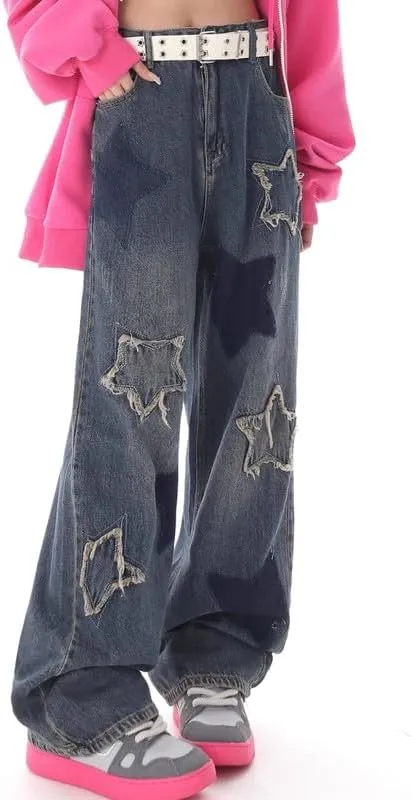 Cute Jeans for Women Girls Star Patchwork Pants Y2K High Waisted Straight Leg Baggy Jean Casual Preppy Clothes