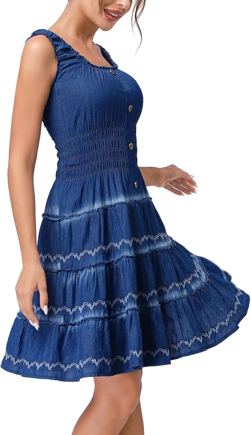 DREFBUFY Women's Maxi Dress Sleeveless Denim Long Summer A-line Casual Blue Cotton Boho Flowy Sundresses for Women