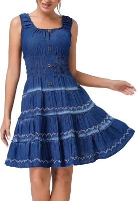 DREFBUFY Women's Maxi Dress Sleeveless Denim Long Summer A-line Casual Blue Cotton Boho Flowy Sundresses for Women