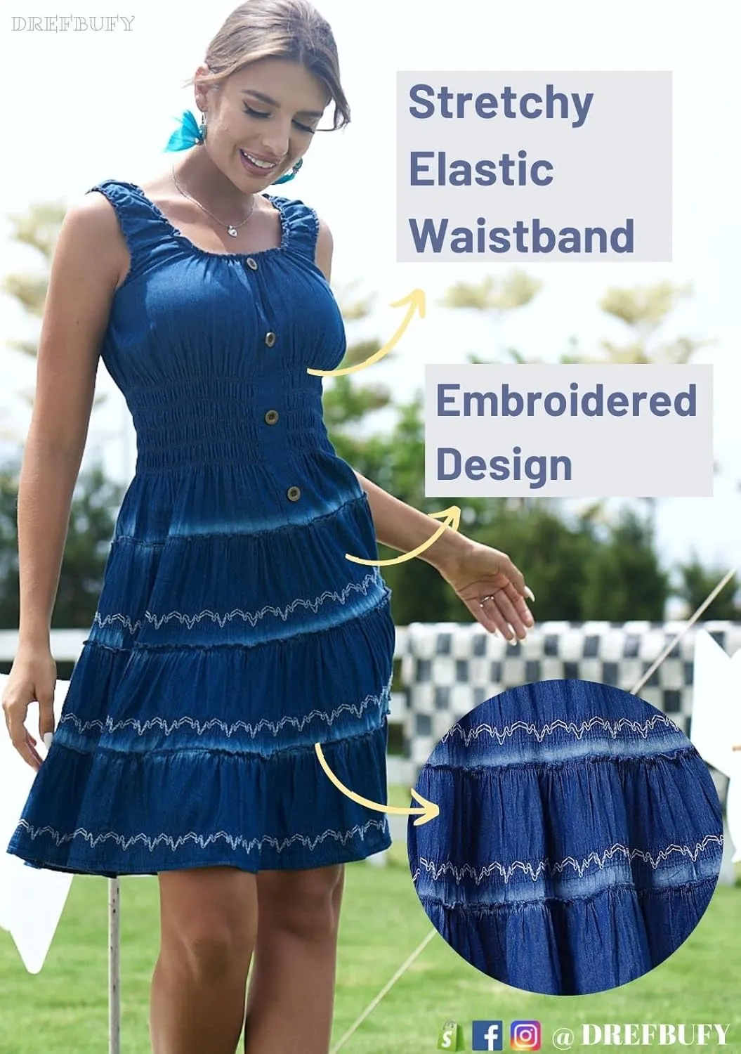 DREFBUFY Women's Maxi Dress Sleeveless Denim Long Summer A-line Casual Blue Cotton Boho Flowy Sundresses for Women