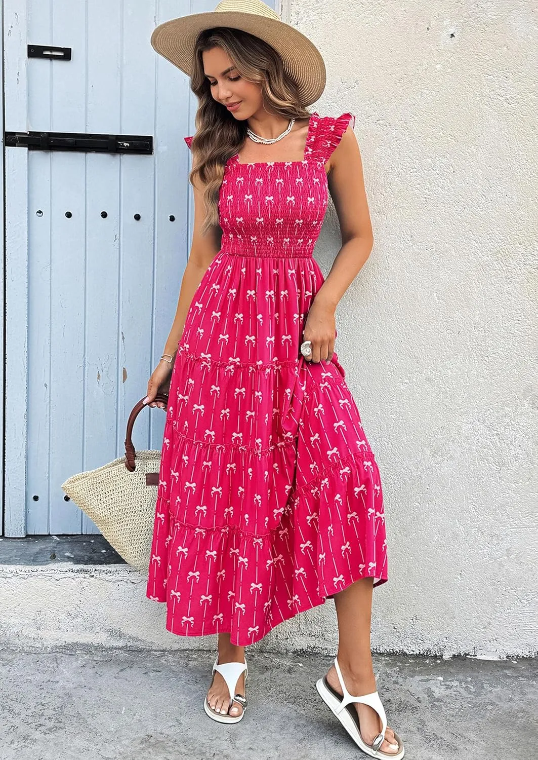 ECOWISH Women's 2025 Summer Maxi Dress Casual Sleeveless Square Neck Smocked Ruffle Bow Tiered Flowy A Line Beach Sundress