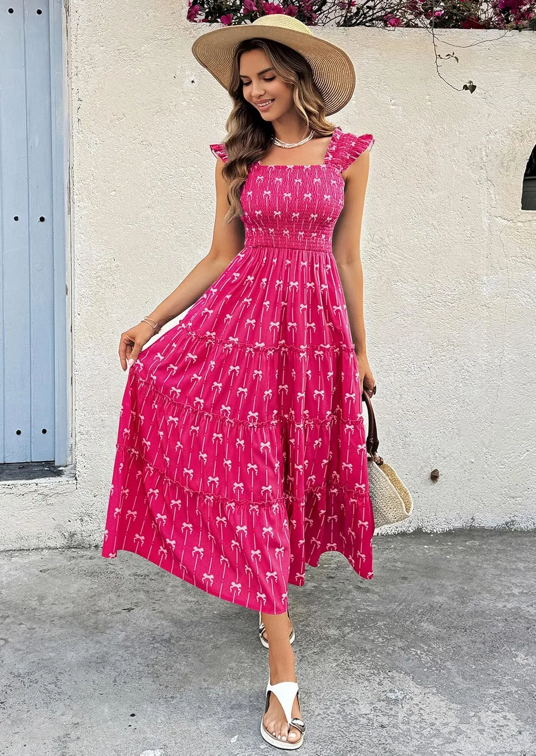 ECOWISH Women's 2025 Summer Maxi Dress Casual Sleeveless Square Neck Smocked Ruffle Bow Tiered Flowy A Line Beach Sundress