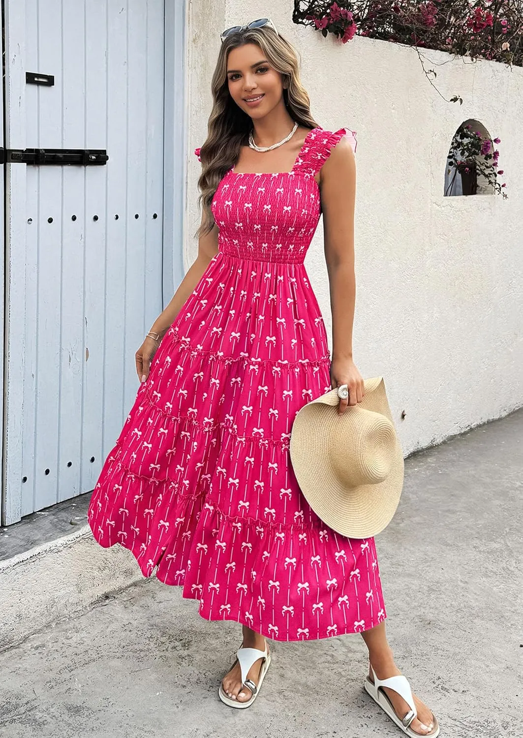 ECOWISH Women's 2025 Summer Maxi Dress Casual Sleeveless Square Neck Smocked Ruffle Bow Tiered Flowy A Line Beach Sundress