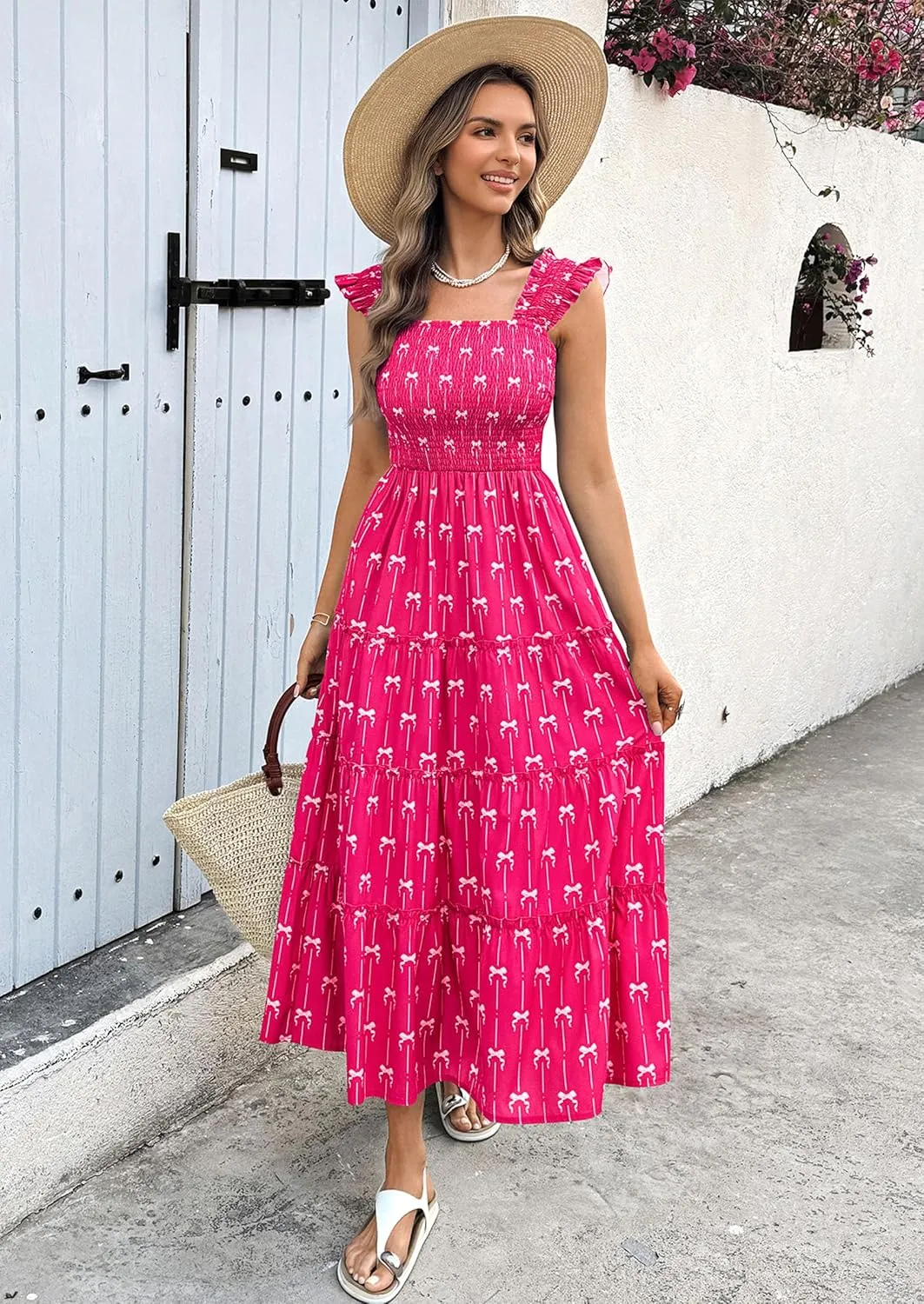 ECOWISH Women's 2025 Summer Maxi Dress Casual Sleeveless Square Neck Smocked Ruffle Bow Tiered Flowy A Line Beach Sundress