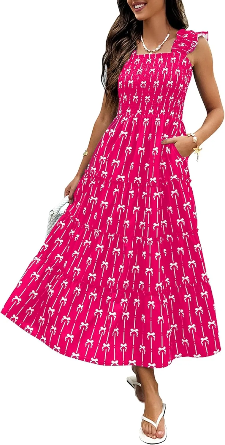 ECOWISH Women's 2025 Summer Maxi Dress Casual Sleeveless Square Neck Smocked Ruffle Bow Tiered Flowy A Line Beach Sundress
