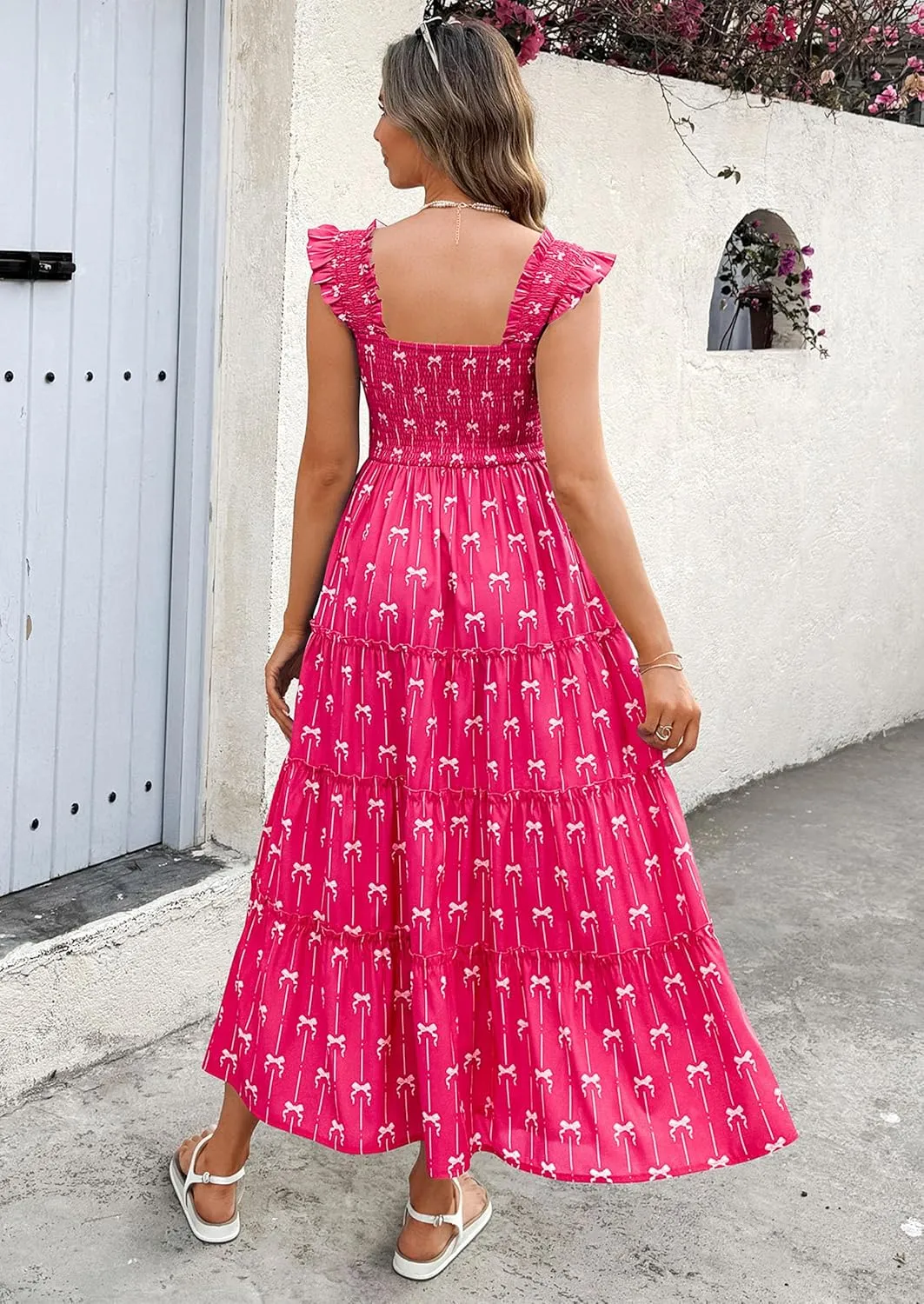 ECOWISH Women's 2025 Summer Maxi Dress Casual Sleeveless Square Neck Smocked Ruffle Bow Tiered Flowy A Line Beach Sundress