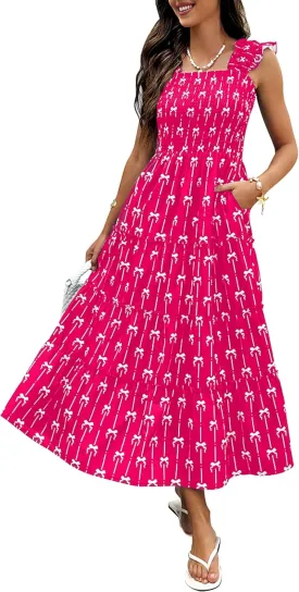 ECOWISH Women's 2025 Summer Maxi Dress Casual Sleeveless Square Neck Smocked Ruffle Bow Tiered Flowy A Line Beach Sundress