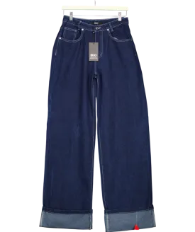 EGO Low Rise Turn Up Hem Wide Leg Jeans In Dark Blue Denim UK 8