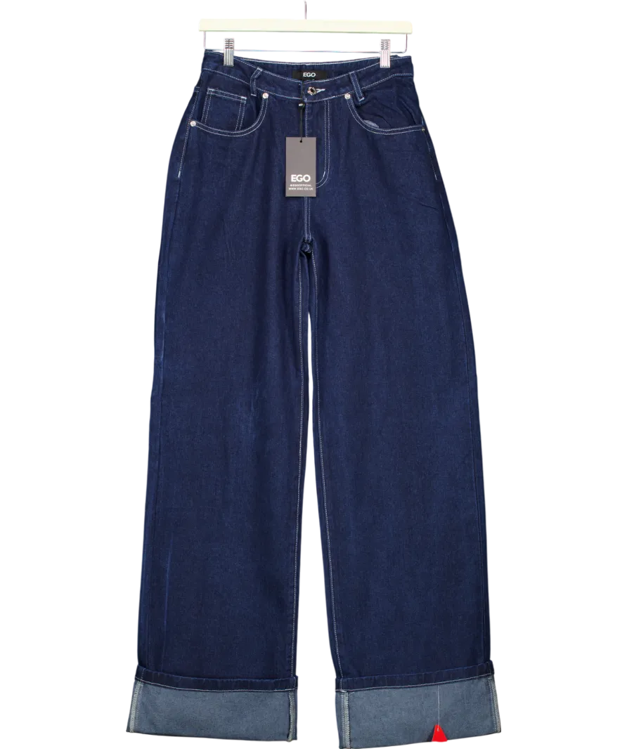 EGO Low Rise Turn Up Hem Wide Leg Jeans In Dark Blue Denim UK 8