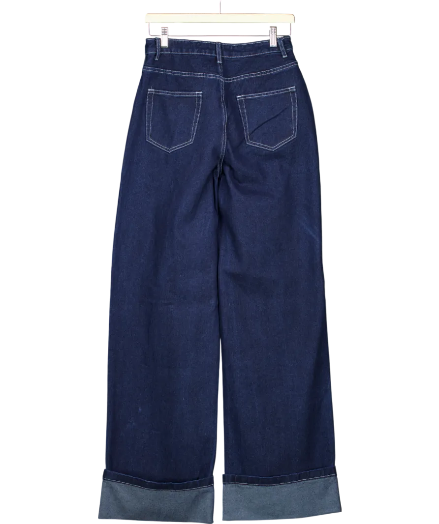 EGO Low Rise Turn Up Hem Wide Leg Jeans In Dark Blue Denim UK 8