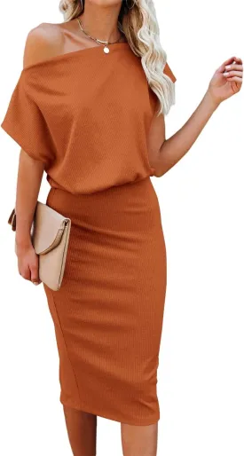 Ezbelle Women's 2025 Summer Dress Off The Shoulder Short Sleeve Ribbed Casual Party Bodycon Midi Dresses