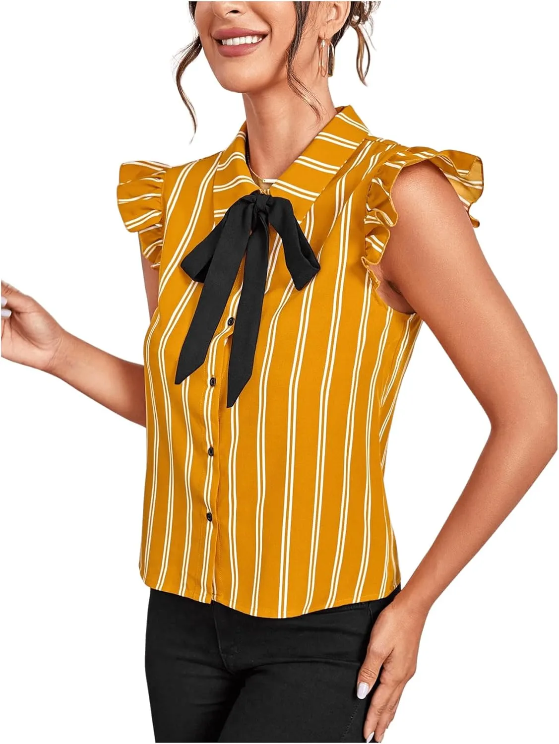 Floerns Women's Sleeveless Bow Tie Striped Summer Chiffon Blouse Top