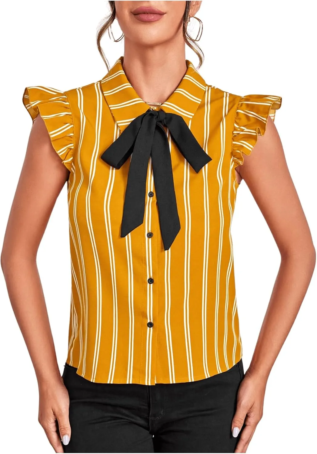 Floerns Women's Sleeveless Bow Tie Striped Summer Chiffon Blouse Top