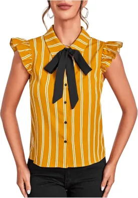Floerns Women's Sleeveless Bow Tie Striped Summer Chiffon Blouse Top