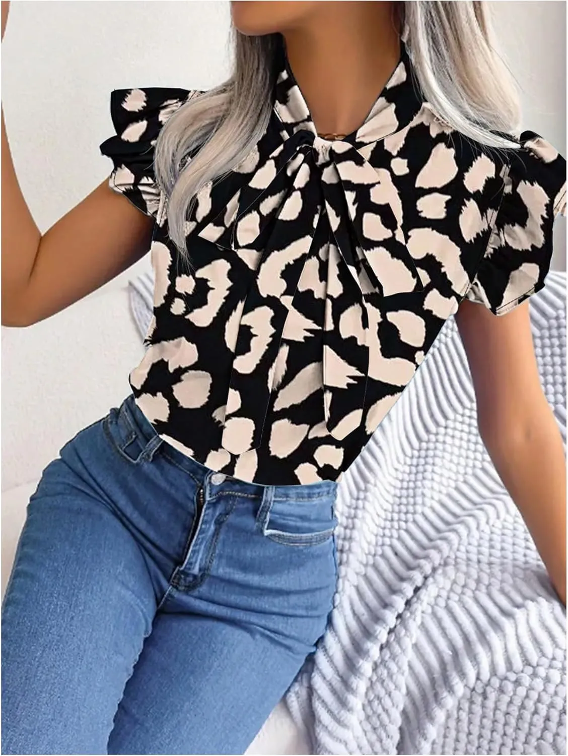 Floerns Women's Sleeveless Bow Tie Striped Summer Chiffon Blouse Top