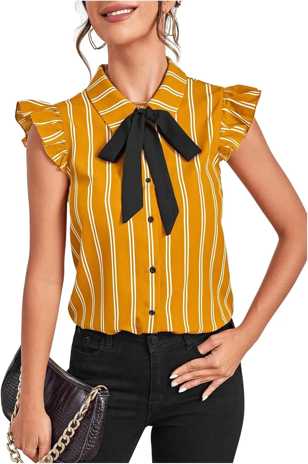 Floerns Women's Sleeveless Bow Tie Striped Summer Chiffon Blouse Top