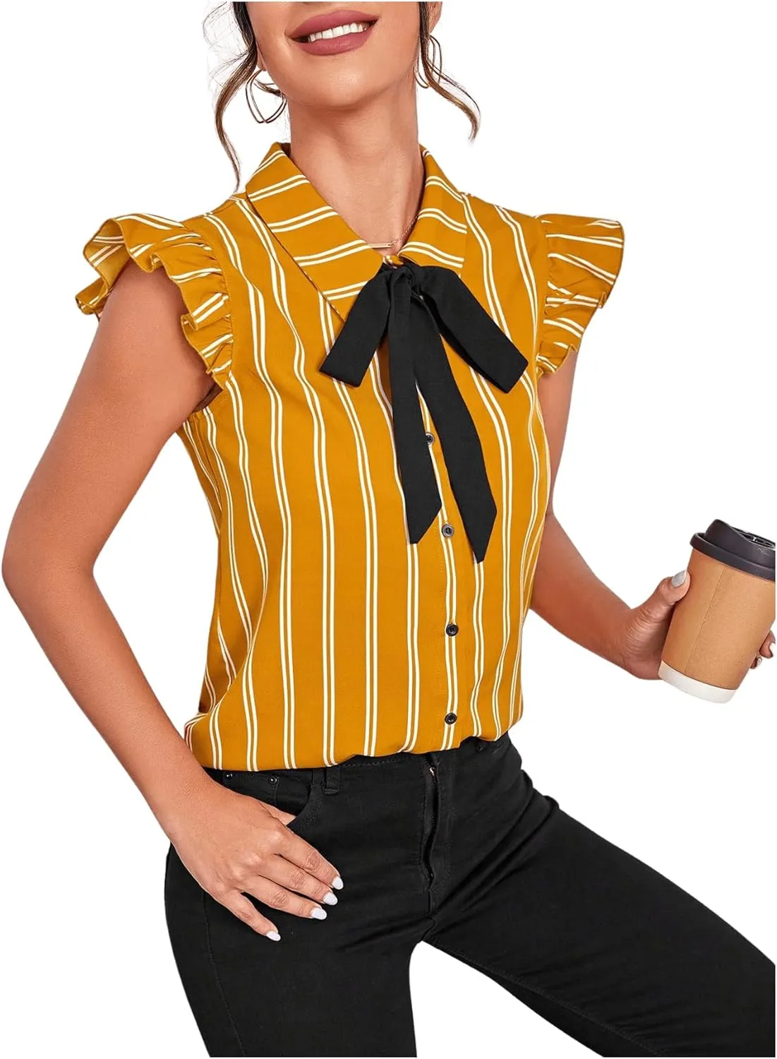 Floerns Women's Sleeveless Bow Tie Striped Summer Chiffon Blouse Top