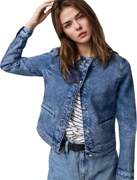 LifeShe Denim Jacket for Women Cropped Collarless Jean Cardigan Casual Shacket