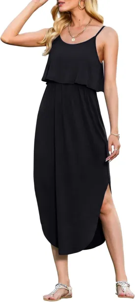 LILBETTER Women's Adjustable Strappy Split Summer Beach Casual Midi Dress