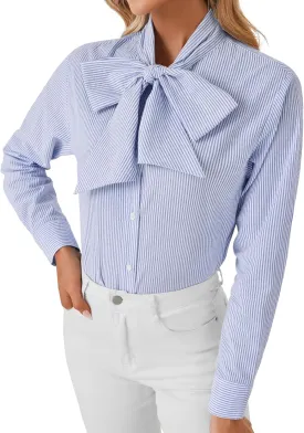 LYANER Women's Striped Button Down Shirts Vintage Bow Tie Collar Long Sleeve Elegant Blouse Tops