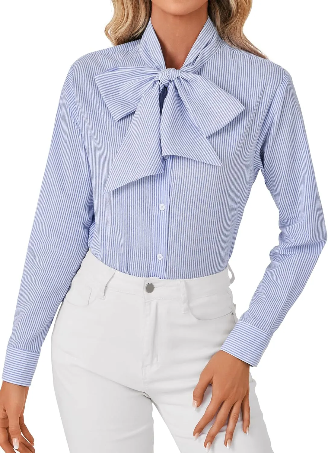 LYANER Women's Striped Button Down Shirts Vintage Bow Tie Collar Long Sleeve Elegant Blouse Tops