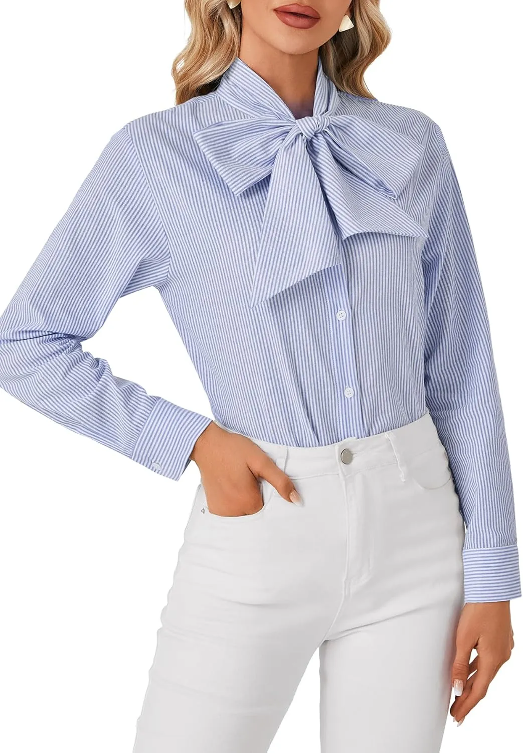 LYANER Women's Striped Button Down Shirts Vintage Bow Tie Collar Long Sleeve Elegant Blouse Tops