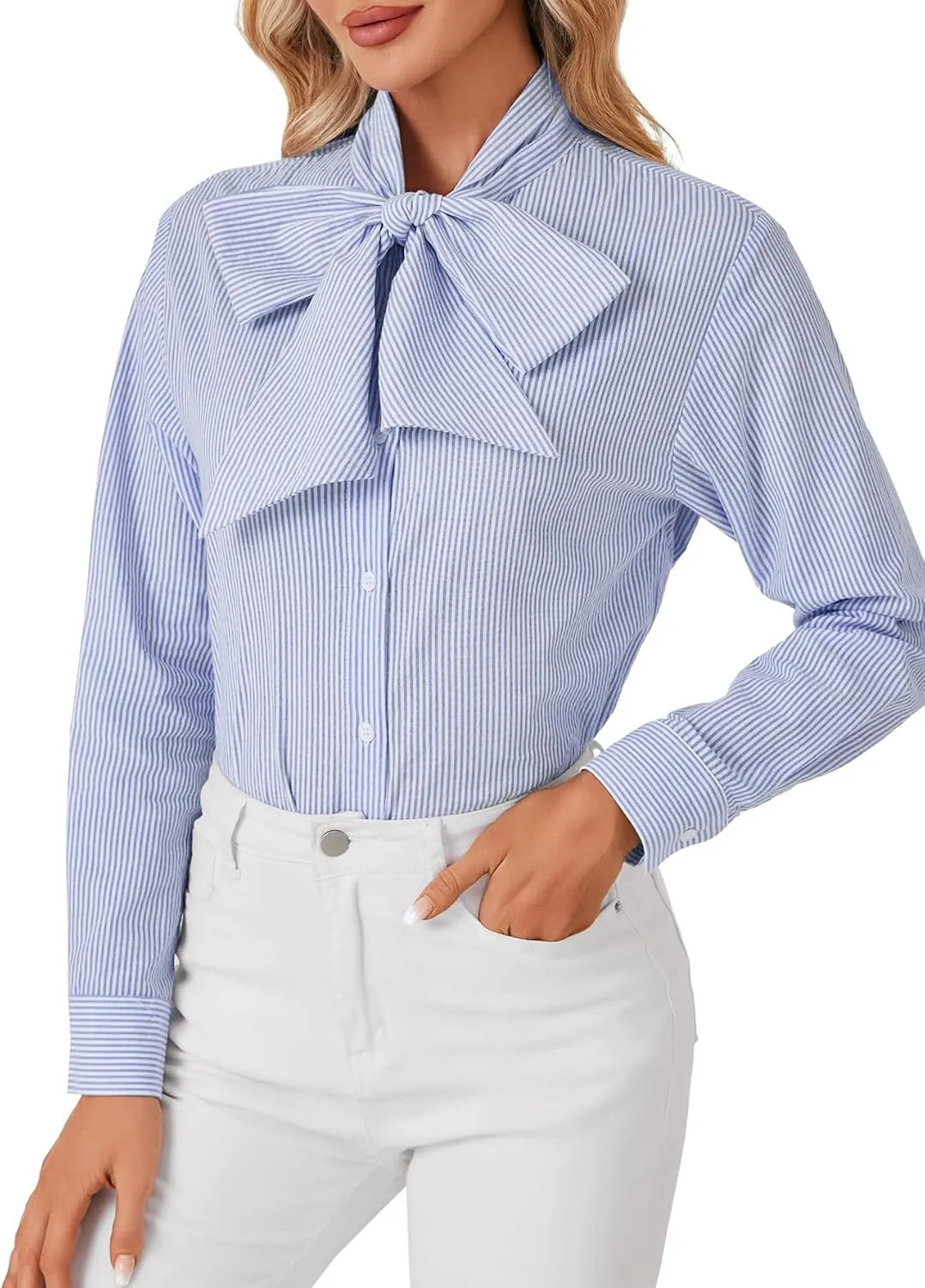 LYANER Women's Striped Button Down Shirts Vintage Bow Tie Collar Long Sleeve Elegant Blouse Tops