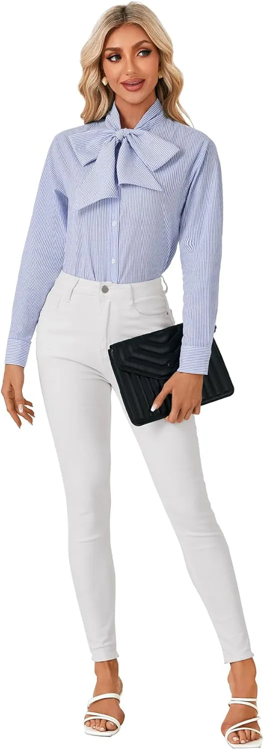 LYANER Women's Striped Button Down Shirts Vintage Bow Tie Collar Long Sleeve Elegant Blouse Tops