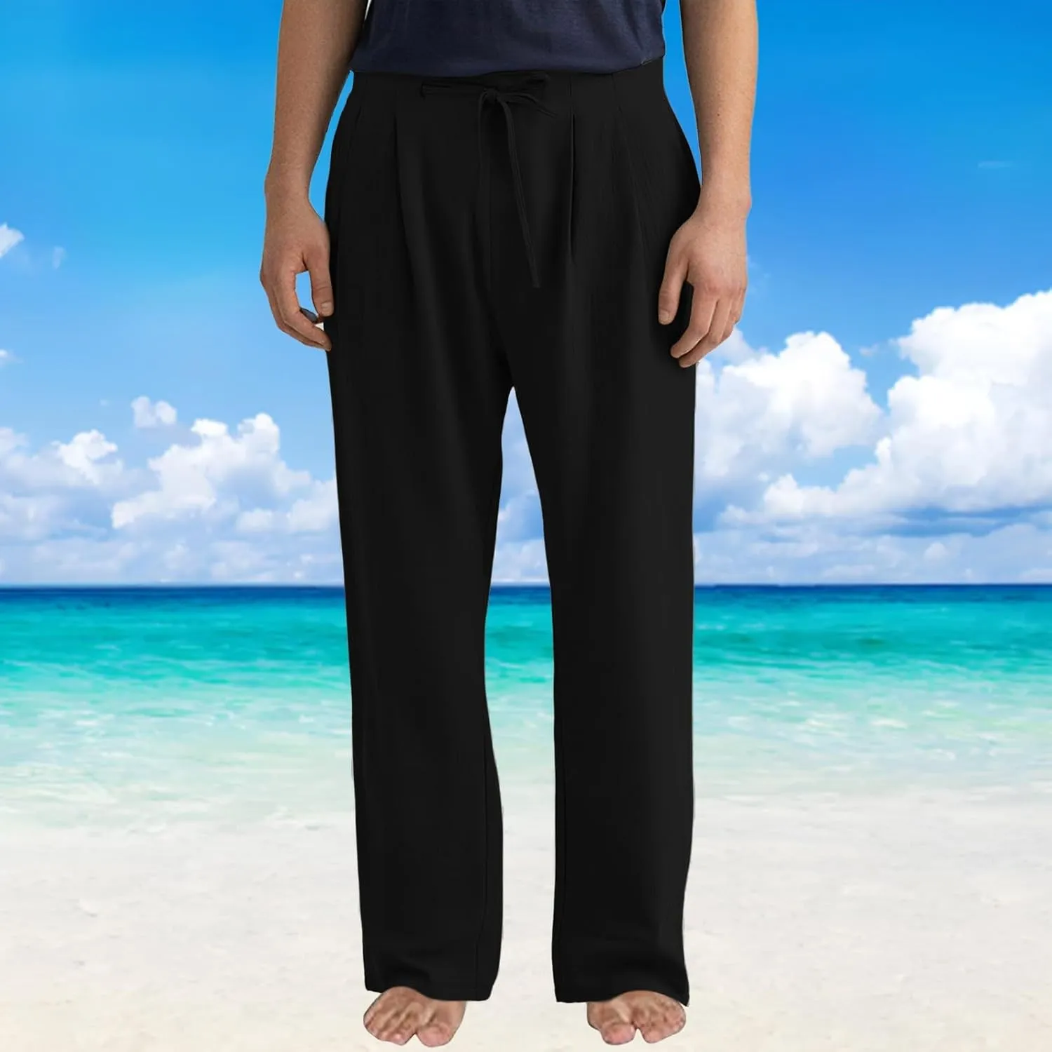 Men Linen Pants Plain Plus Size Flat Front Pants Lightweight Drawstring Waist Vacation Slacks Summer Casual Trousers