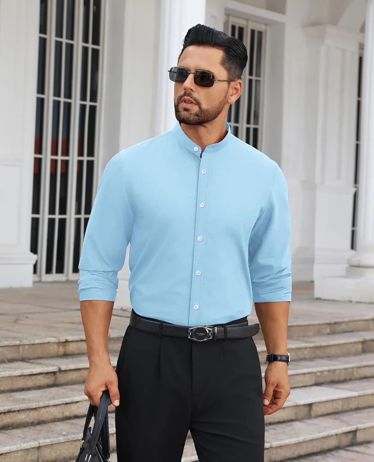Mens Dress Shirts Wrinkle Free Dress Shirts for Men Long Sleeve Button Down Shirts Banded Collar Shirts