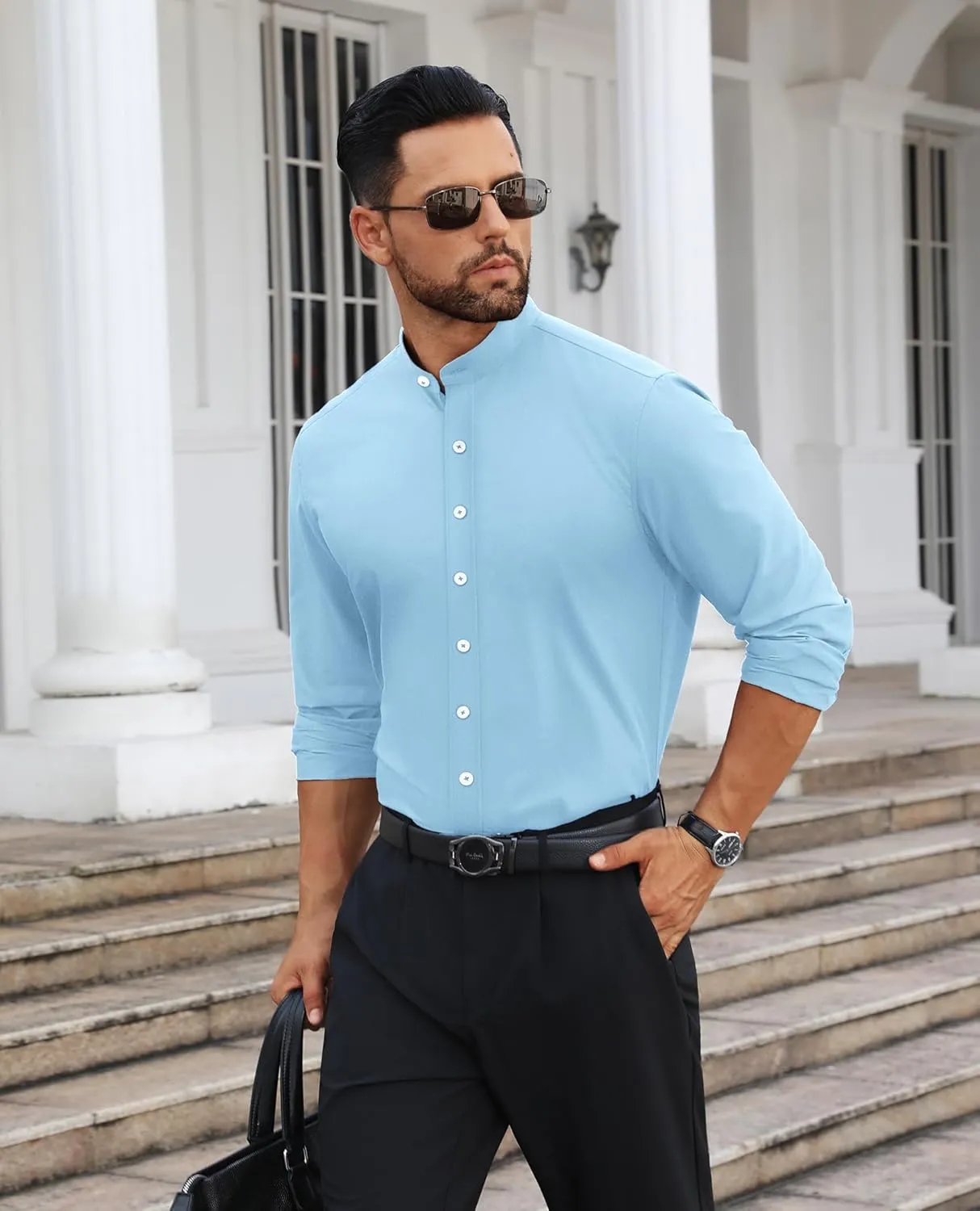 Mens Dress Shirts Wrinkle Free Dress Shirts for Men Long Sleeve Button Down Shirts Banded Collar Shirts