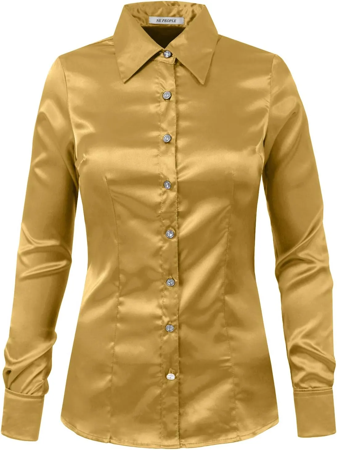 NE PEOPLE Womens Light Weight Long Cuff Sleeve Button Down Satin Shirt (S-3XL)