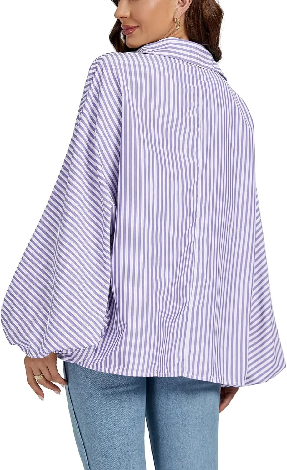 OPOIPIN Women's Striped Print Bishop Long Sleeve Collar V Neck Button Down Blouse Shirt Top