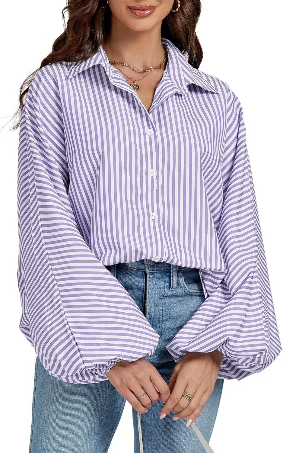 OPOIPIN Women's Striped Print Bishop Long Sleeve Collar V Neck Button Down Blouse Shirt Top