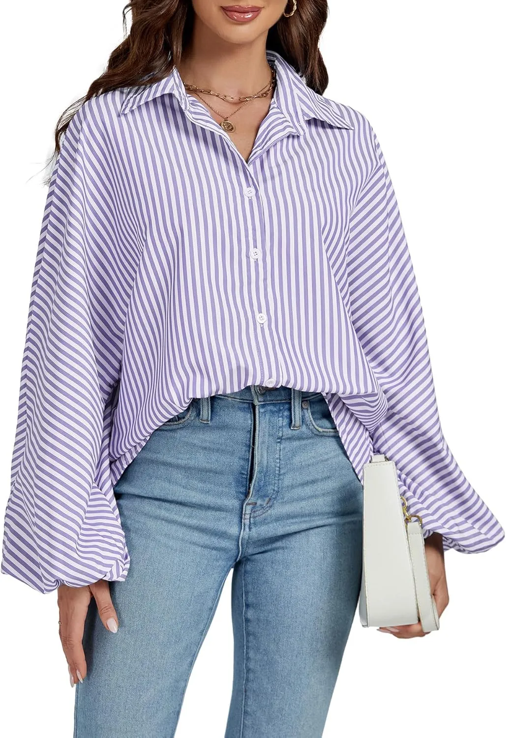 OPOIPIN Women's Striped Print Bishop Long Sleeve Collar V Neck Button Down Blouse Shirt Top