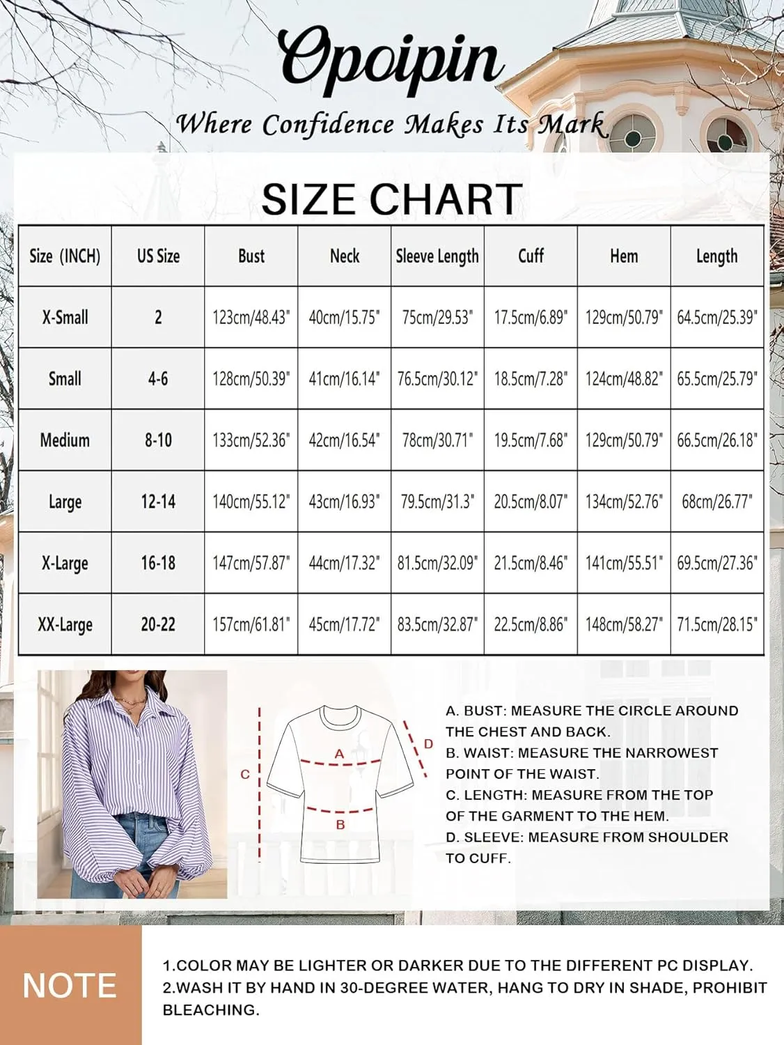 OPOIPIN Women's Striped Print Bishop Long Sleeve Collar V Neck Button Down Blouse Shirt Top
