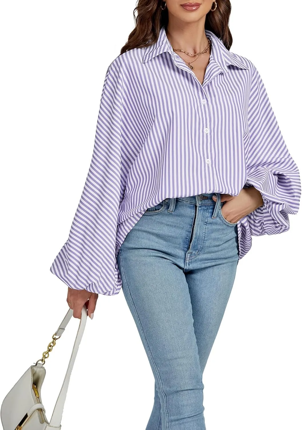 OPOIPIN Women's Striped Print Bishop Long Sleeve Collar V Neck Button Down Blouse Shirt Top
