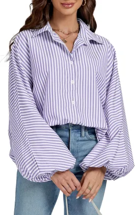 OPOIPIN Women's Striped Print Bishop Long Sleeve Collar V Neck Button Down Blouse Shirt Top