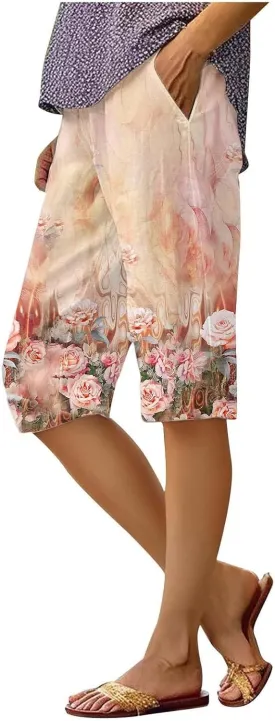 Pedal Pushers for Women 2025 Linen Pant Summer Wide Leg Knee Length Capris Lightweight Boho Loose Beach Pants