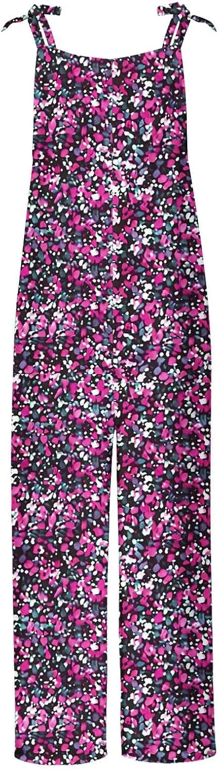 Plus Size Linen Jumpsuits for Women Casual Summer Overalls Floral Print Adjustable Straps Baggy Bib Pants Romper with Pockets