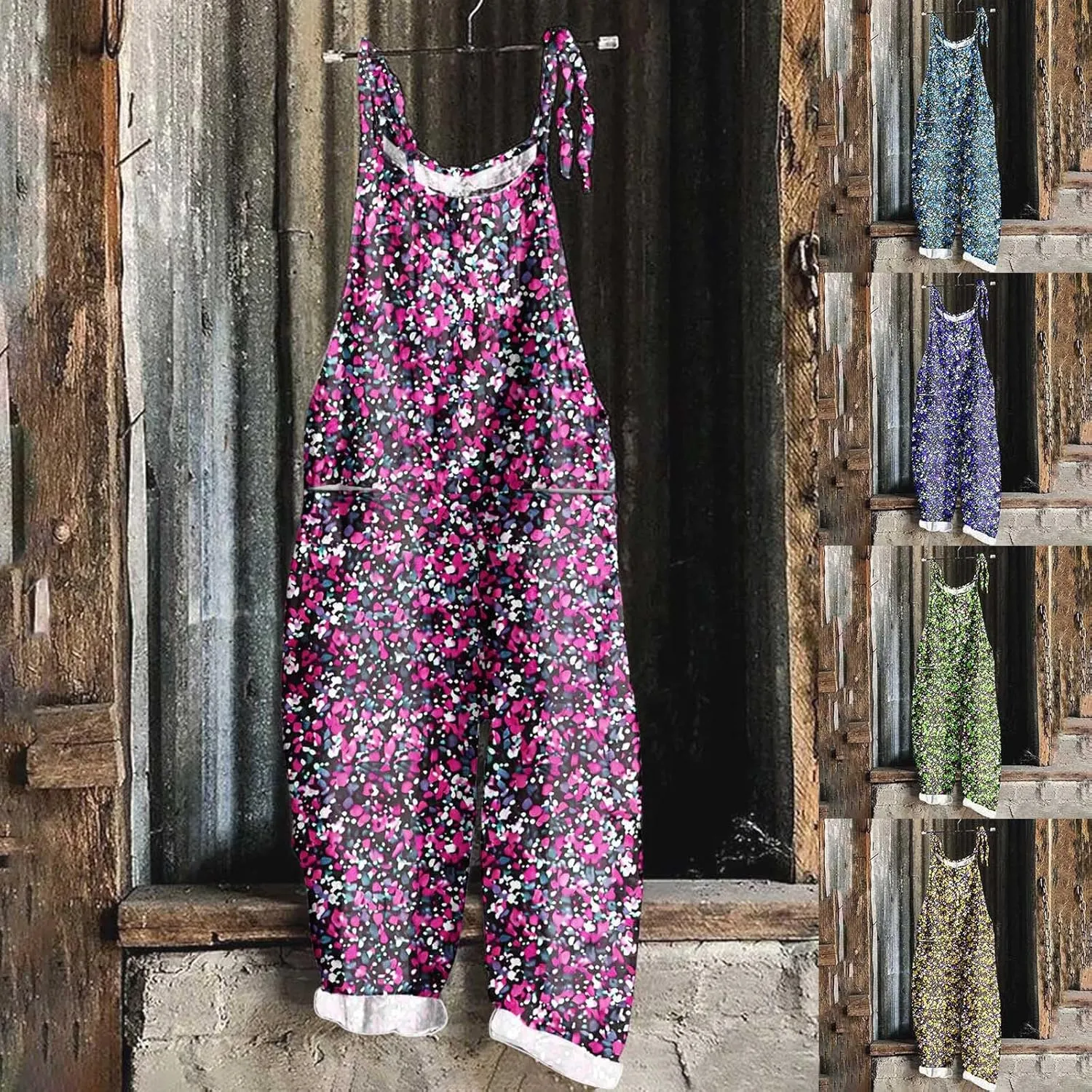 Plus Size Linen Jumpsuits for Women Casual Summer Overalls Floral Print Adjustable Straps Baggy Bib Pants Romper with Pockets