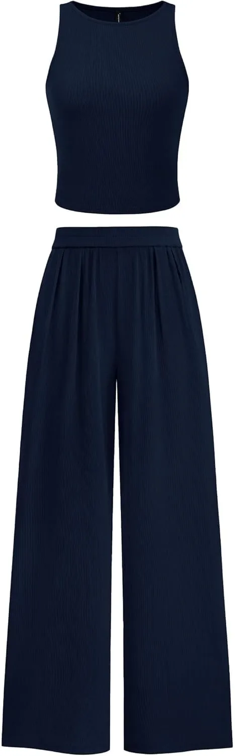 PRETTYGARDEN Spring Two Piece Sets For Women 2025 Ribbed Knit Crew Neck Sleeveless Tank Tops Wide Leg Pants Casual Lounge Set