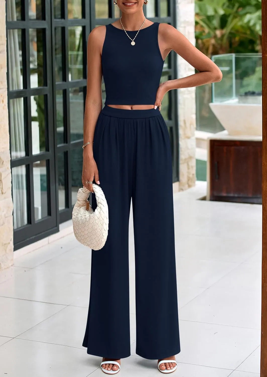 PRETTYGARDEN Spring Two Piece Sets For Women 2025 Ribbed Knit Crew Neck Sleeveless Tank Tops Wide Leg Pants Casual Lounge Set