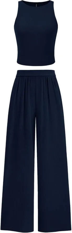 PRETTYGARDEN Spring Two Piece Sets For Women 2025 Ribbed Knit Crew Neck Sleeveless Tank Tops Wide Leg Pants Casual Lounge Set