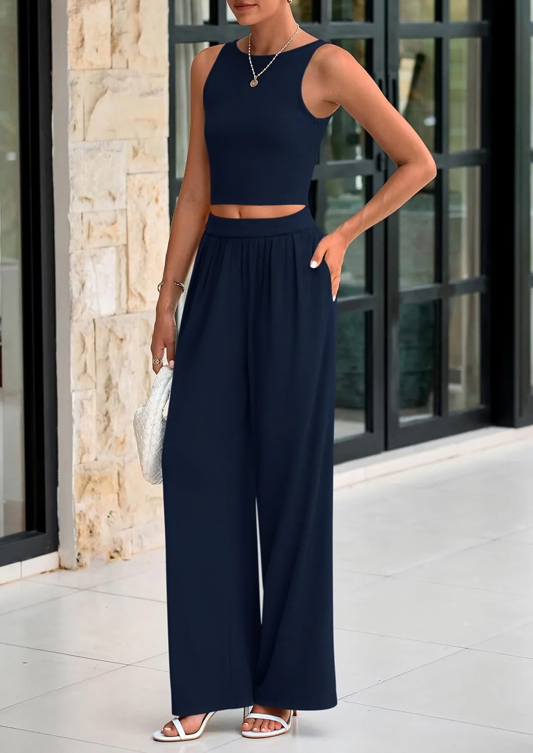 PRETTYGARDEN Spring Two Piece Sets For Women 2025 Ribbed Knit Crew Neck Sleeveless Tank Tops Wide Leg Pants Casual Lounge Set