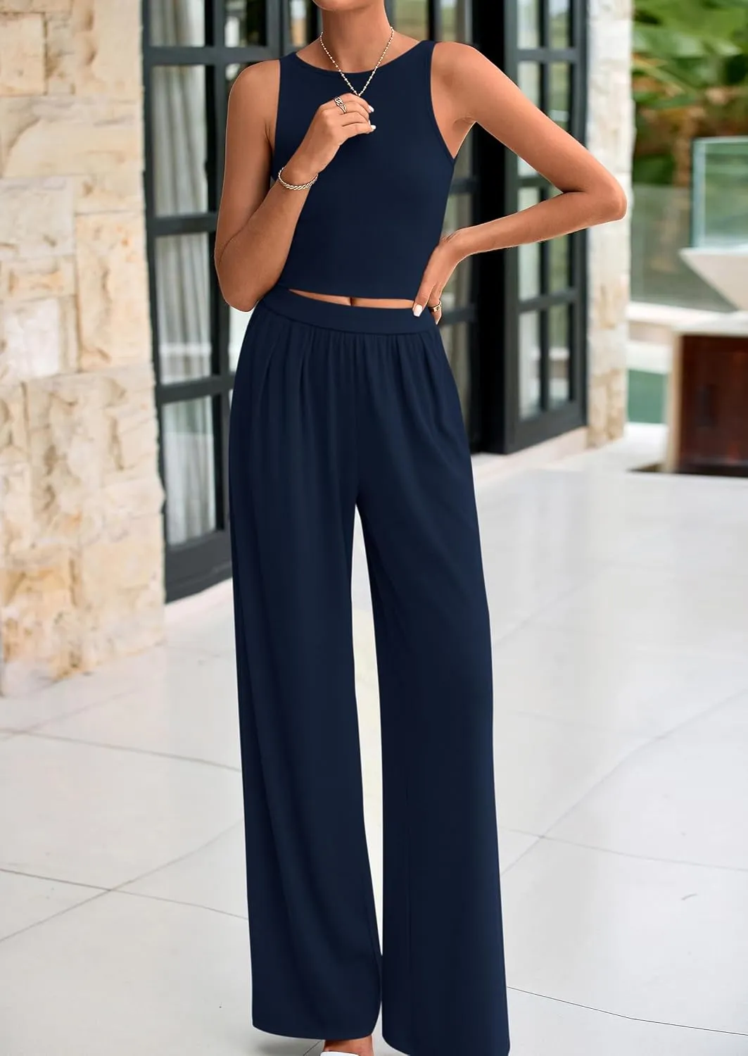PRETTYGARDEN Spring Two Piece Sets For Women 2025 Ribbed Knit Crew Neck Sleeveless Tank Tops Wide Leg Pants Casual Lounge Set