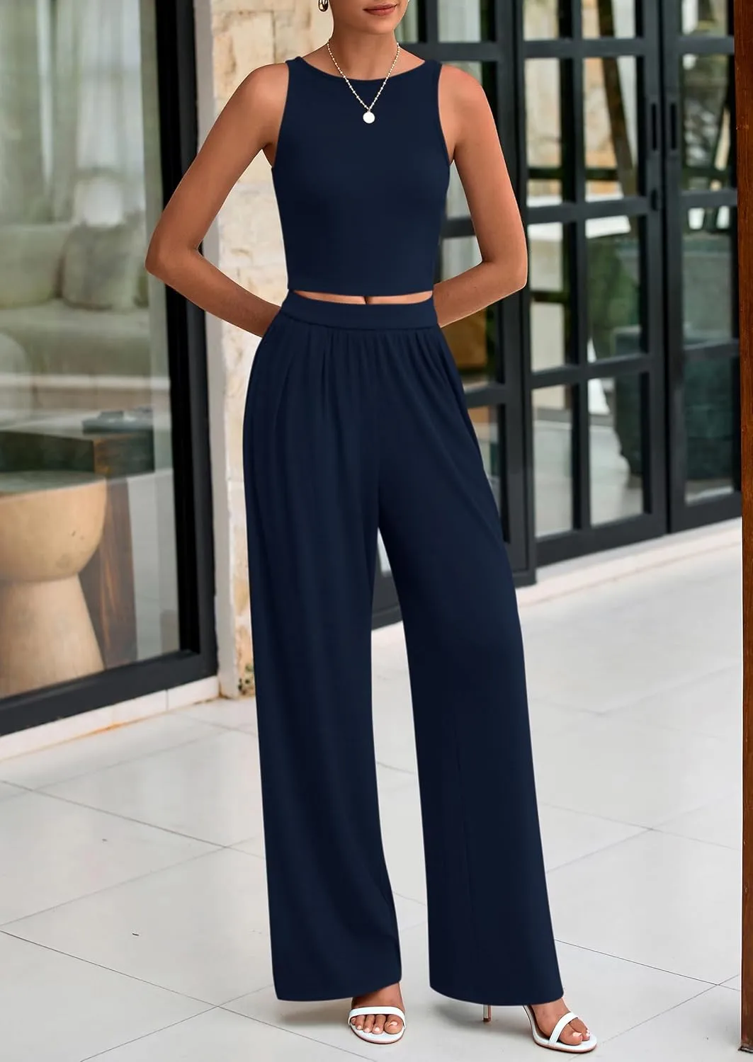 PRETTYGARDEN Spring Two Piece Sets For Women 2025 Ribbed Knit Crew Neck Sleeveless Tank Tops Wide Leg Pants Casual Lounge Set