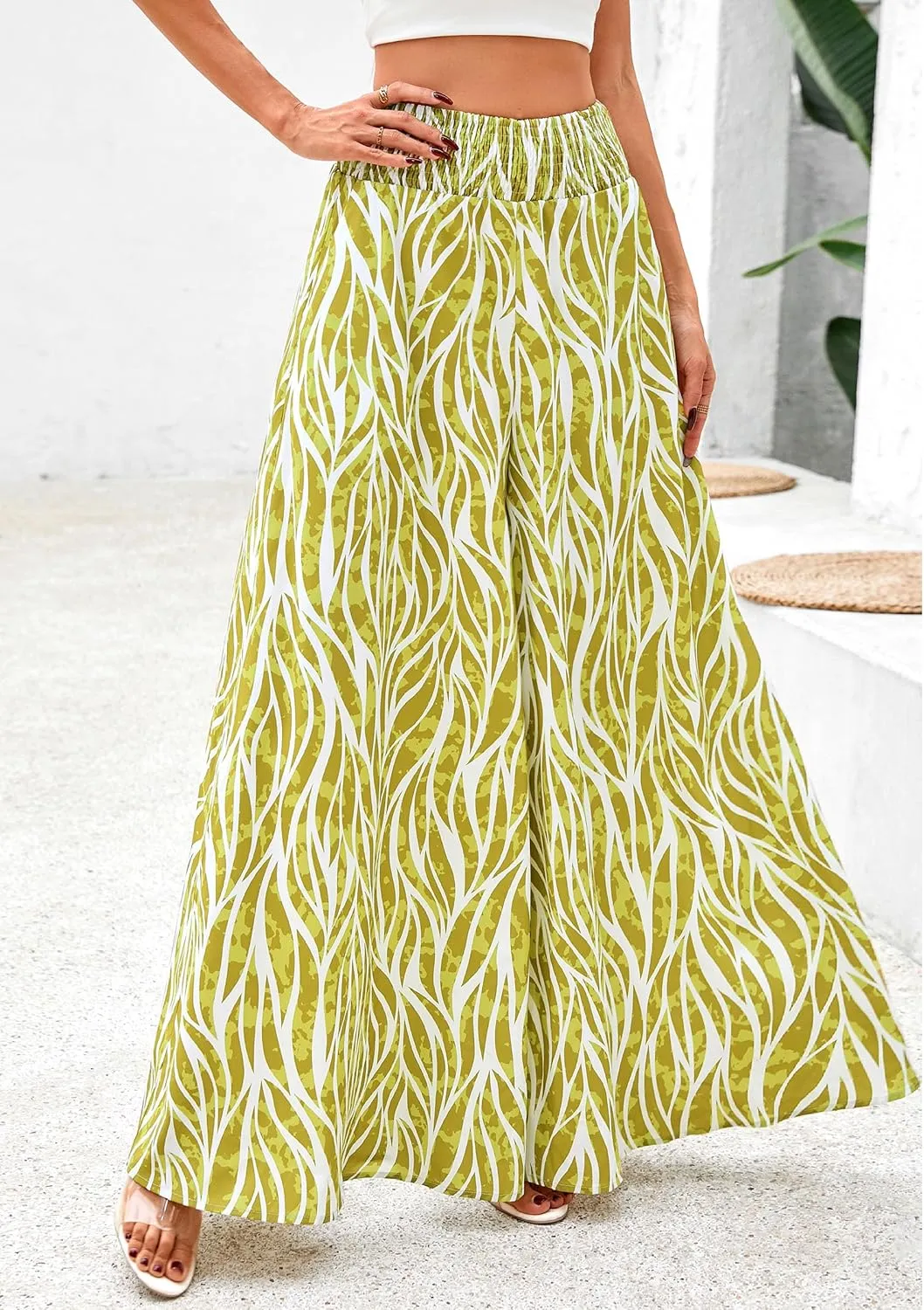 PRETTYGARDEN Women's 2025 Summer Flowy Wide Leg Palazzo Pants Dressy Casual Elastic High Waisted Pockets Boho Beach Trousers